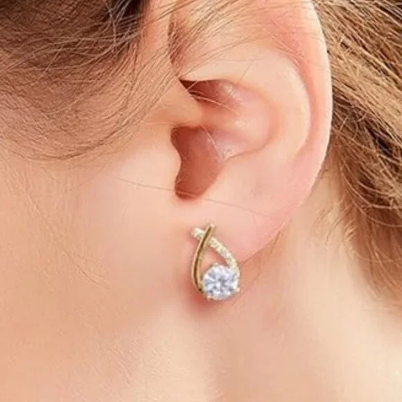 Crossed Waterdrop Gold Plated Stainless Steel & Lab Created Diamond Earrings - Picture 2 of 3